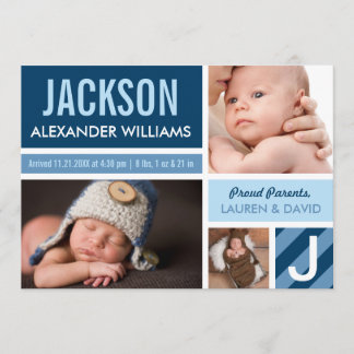 Photo Birth Announcement Card | Navy Blue Collage