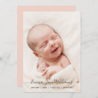 Photo Birth Announcement Card Peachy Pink Back