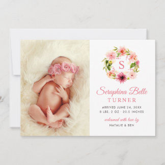 Photo Birth Announcement Card | Watercolor Wreath
