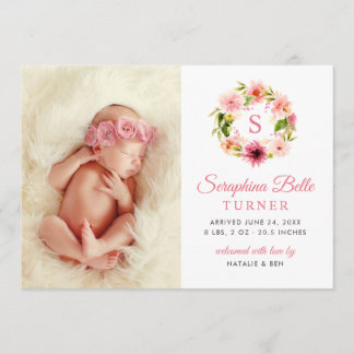 Photo Birth Announcement Card | Watercolor Wreath