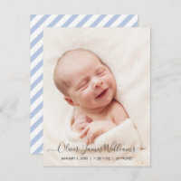 Photo Birth Announcement Card with Blue Stripes