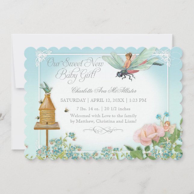 Photo Birth Announcement Fairy Bees Dragonfly (Front)