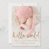 PHOTO BIRTH ANNOUNCEMENT | Girl Hello World Gold