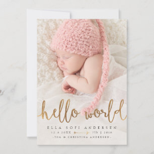 PHOTO BIRTH ANNOUNCEMENT Girl Hello World Gold