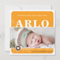 PHOTO BIRTH ANNOUNCEMENT heart spot orange botanic