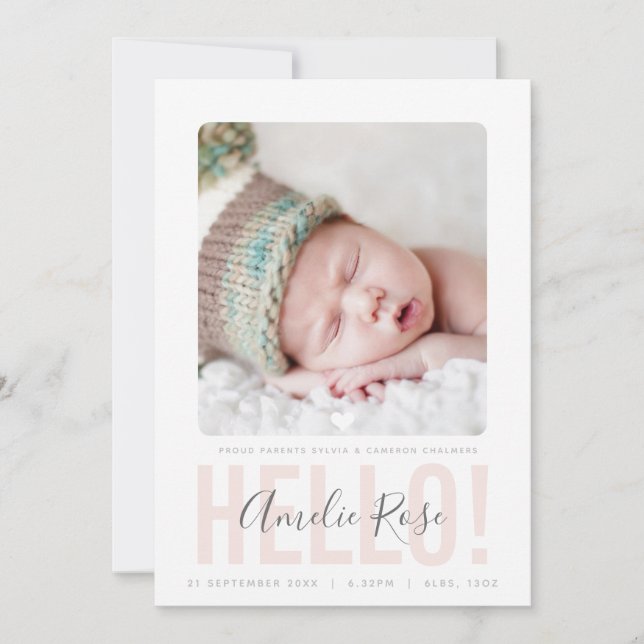 PHOTO BIRTH ANNOUNCEMENT hello pale pink baby girl (Front)