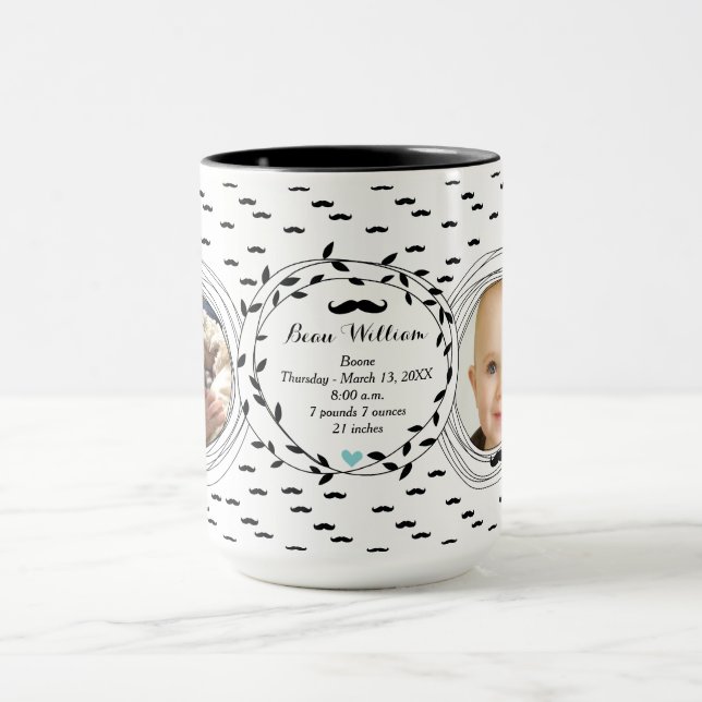 Photo Birth Record Baby Boy Stats Moustache Mug (Center)