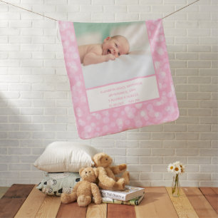Photo Birth Stats Pink White Gift for Baby Girl Blanket