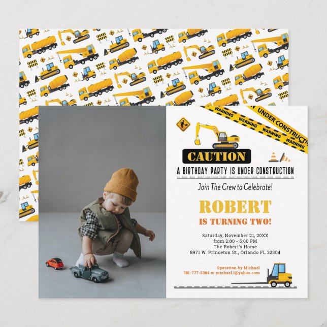 Photo Birthday Any Age Construction Dump Truck Invitation (Front/Back)