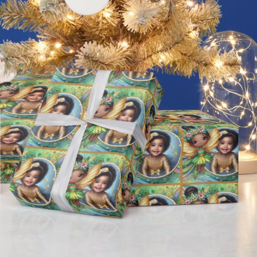 Photo Birthday Black Fairy Cute Green Yellow Gold Wrapping Paper