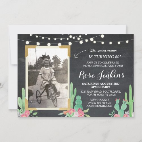 Photo Birthday Floral Cactus Wood Invitations