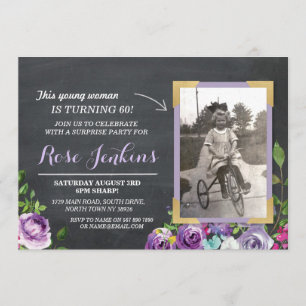 Photo Birthday Floral Rustic Chalk Purple Invites