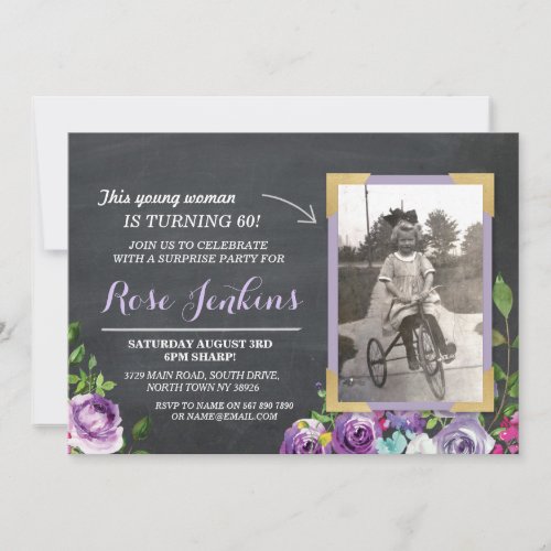 Photo Birthday Floral Rustic Chalk Purple Invites