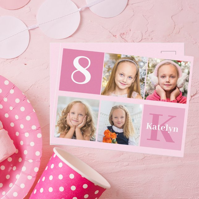 Photo Birthday Girl Pretty Pink Monogram Chic Postcard (Creator Uploaded)