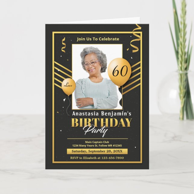 Photo Birthday Gold Black 60th 50 Party Invitation (Front)