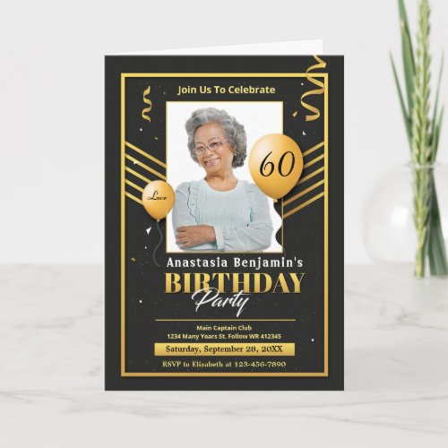 Photo Birthday Gold Black 60th 50 Party Invitation