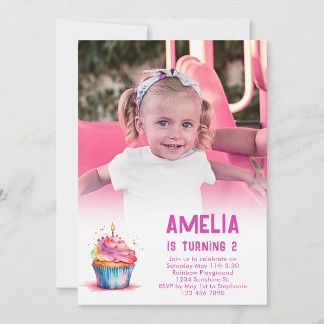 Photo Birthday Invite Girl Pink Cupcake Invitation (Front)