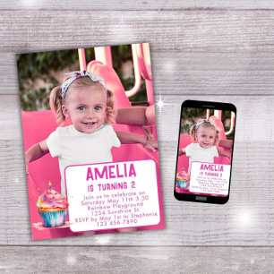 Photo Birthday Invite Girl Pink Cupcake Invitation