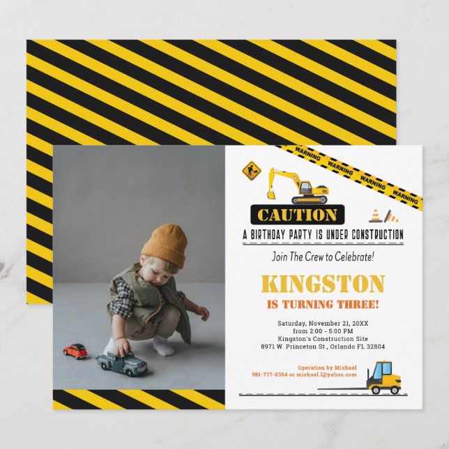Photo Birthday Kids Construction Stop The Traffic Invitation (Front/Back)