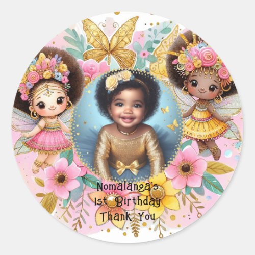 Photo Birthday Little Black Fairy African Pink Classic Round Sticker
