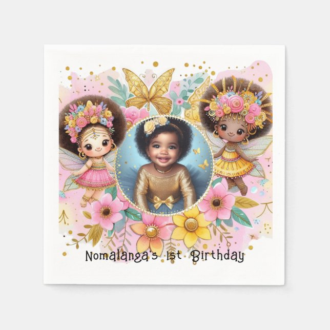 Photo Birthday Little Black Fairy African Pink Napkins (Front)