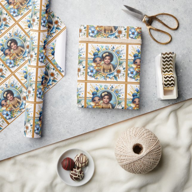 Photo Birthday Little Black Fairy Blue Yellow Wrapping Paper (Crafts)