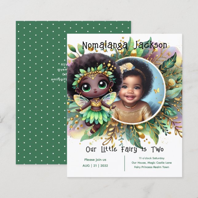 Photo Birthday Little Black Fairy Green Gold (Front/Back)
