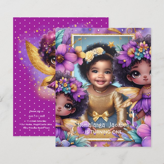 Photo Birthday Little Black Fairy Purple Gold (Front/Back)