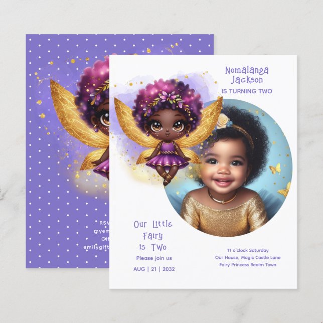 Photo Birthday Little Black Fairy Purple Gold (Front/Back)