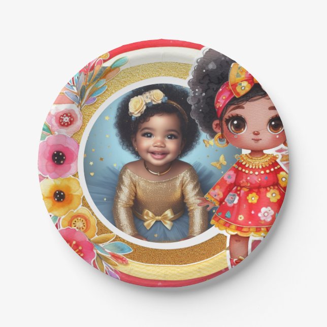 Photo Birthday Little Black Fairy Red Gold Paper Plates (Front)
