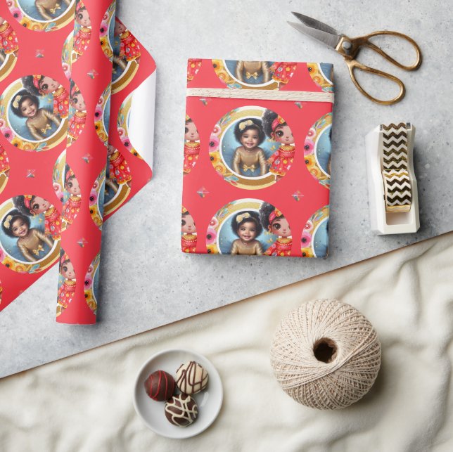 Photo Birthday Little Black Fairy Red Gold Wrapping Paper (Crafts)