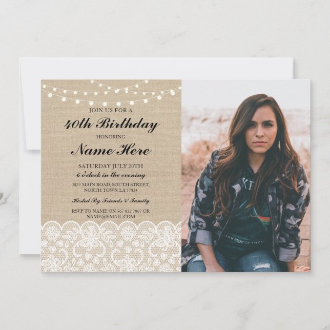 Photo Birthday Party 40th 50th Rustic Burlap Lace Invitation (Front)
