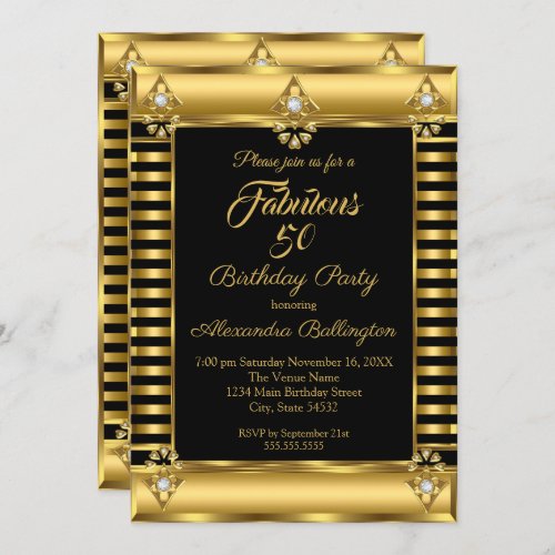 Photo Birthday Party Black Gold Deco Stripe Invitation