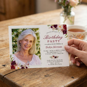 Photo Birthday Party Burgundy Red Blush Floral Invitation