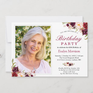 Photo Birthday Party Burgundy Red Blush Floral Invitation