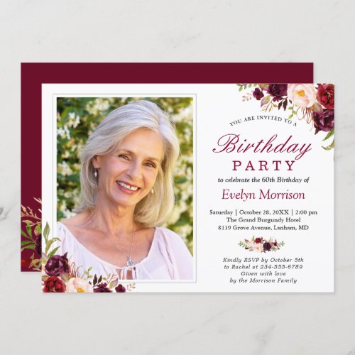 Photo Birthday Party Burgundy Red Blush Floral Invitation