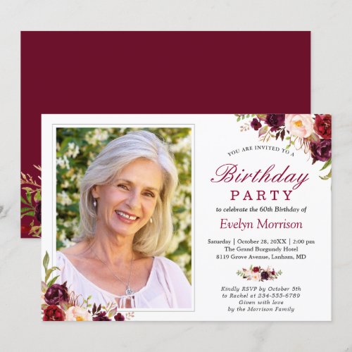 Photo Birthday Party Burgundy Red Blush Floral Invitation
