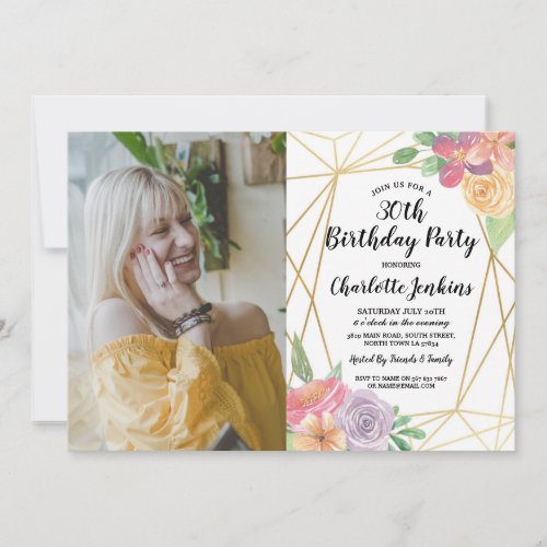 Photo Birthday Party Floral Gold Frame Summer Invitation