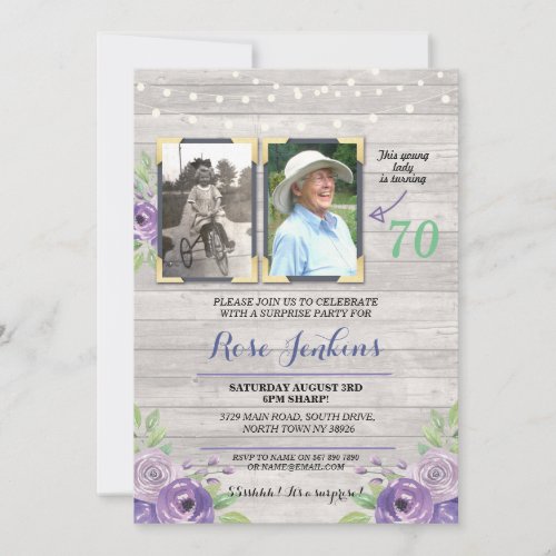 Photo Birthday Party Floral Purple Wood 2 Pictures Invitation