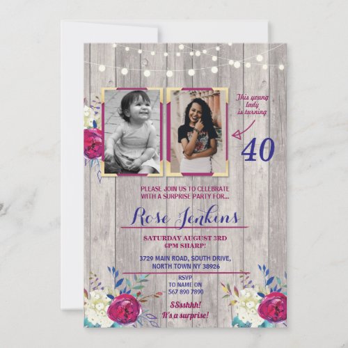 Photo Birthday Party Floral Purple Wood 2 Pictures Invitation
