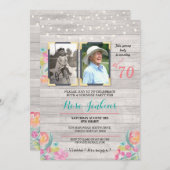 Photo Birthday Party Floral Rustic Wood 2 Pictures Invitation (Front/Back)