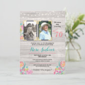 Photo Birthday Party Floral Rustic Wood 2 Pictures Invitation (Standing Front)