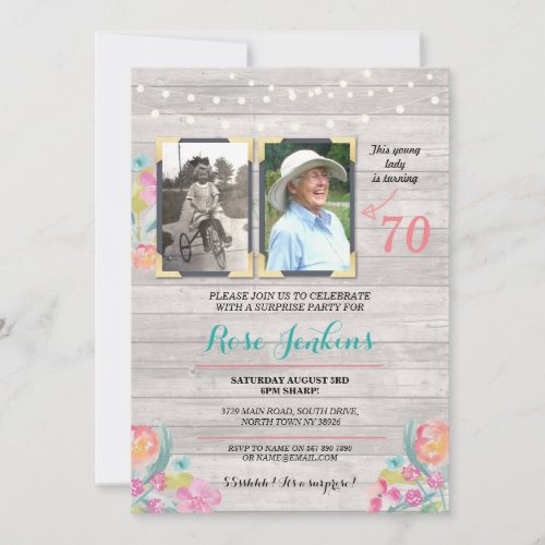 Photo Birthday Party Floral Rustic Wood 2 Pictures Invitation