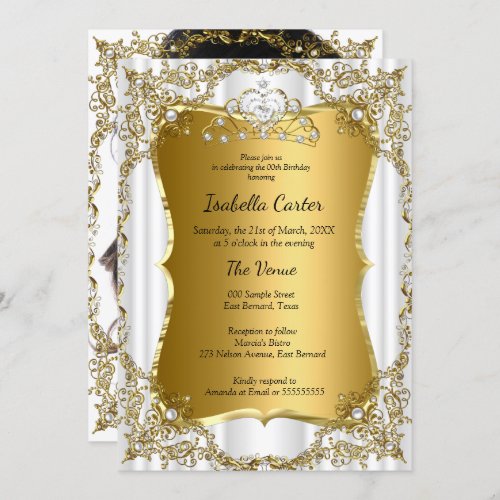 Photo Birthday Party Gold White Tiara Invitation