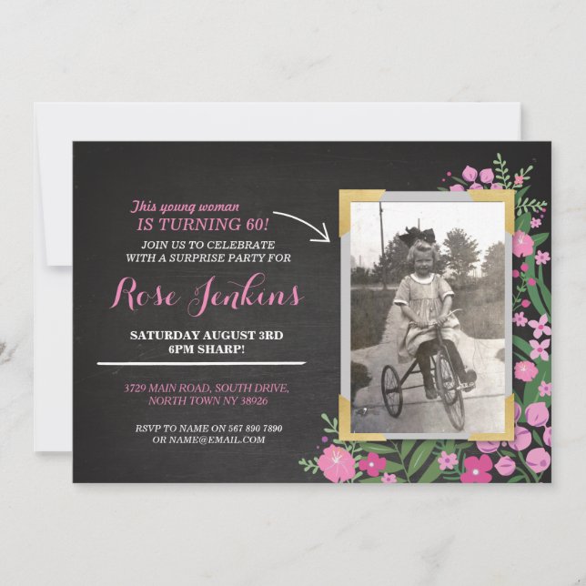 Photo Birthday Party Pink Floral Any Age Invite (Front)