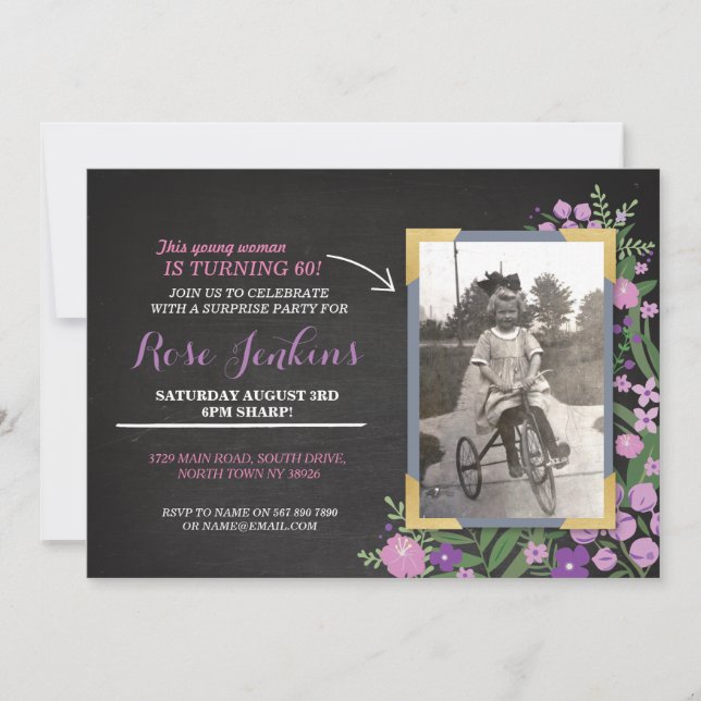 Photo Birthday Party Purple Floral Any Age Invites (Front)