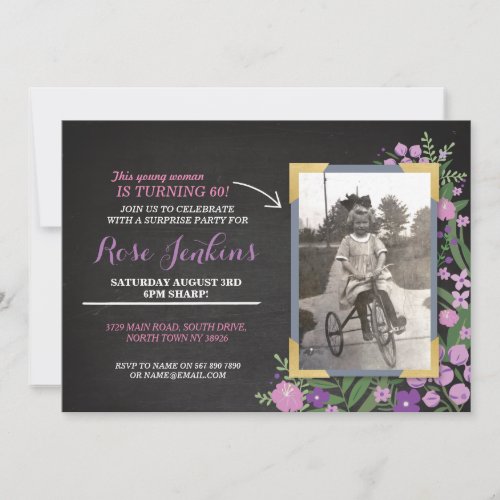Photo Birthday Party Purple Floral Any Age Invites