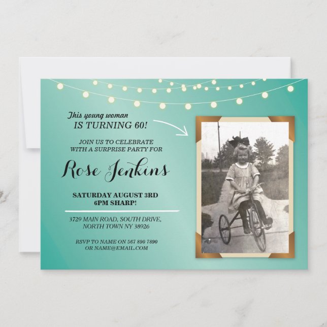 Photo Birthday Party Teal String Lights Invitation (Front)
