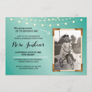 Photo Birthday Party Teal String Lights Invitation