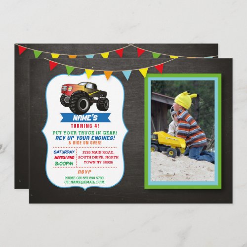 Photo Birthday Party Truck Car Monster Smash Invitation